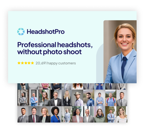 HeadshotPro AI headshot generator interface showing professional headshot examples